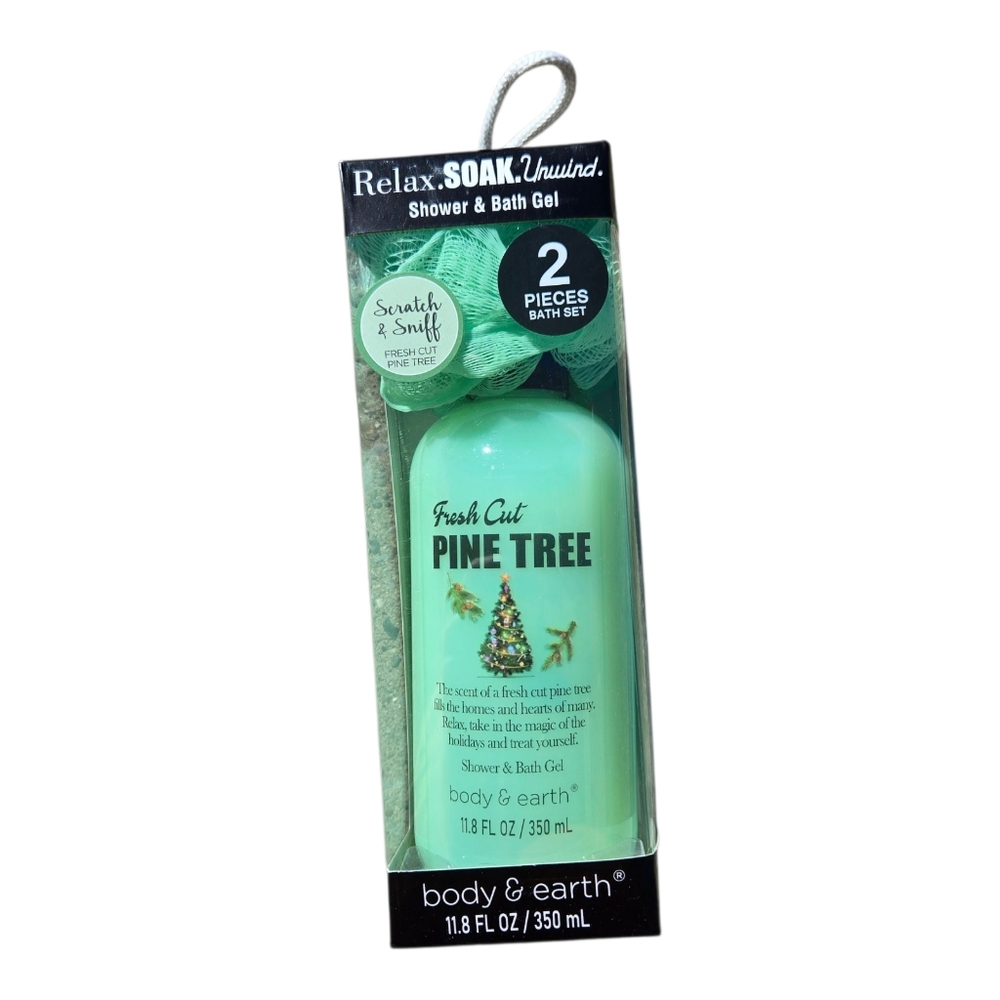 Holiday Pine Tree Shower Gel With Loofah Gift Box New